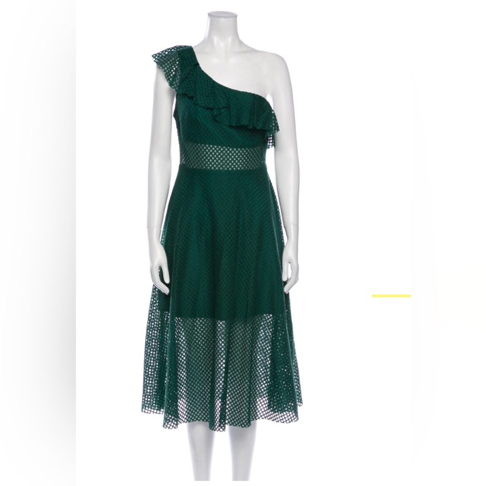 Sandro Paris A-line Green One Shoulder Dress with Ruffle Embellishment